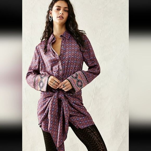 NWT Free People Satin Rillo Geometric Mini Shirtdress